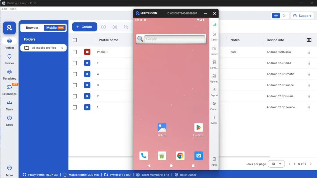 Giao diện phần mềm Multilogin hiển thị màn hình điện thoại Android thật (Real Android Screen) đang hoạt động song song với trình duyệt Antidetect.